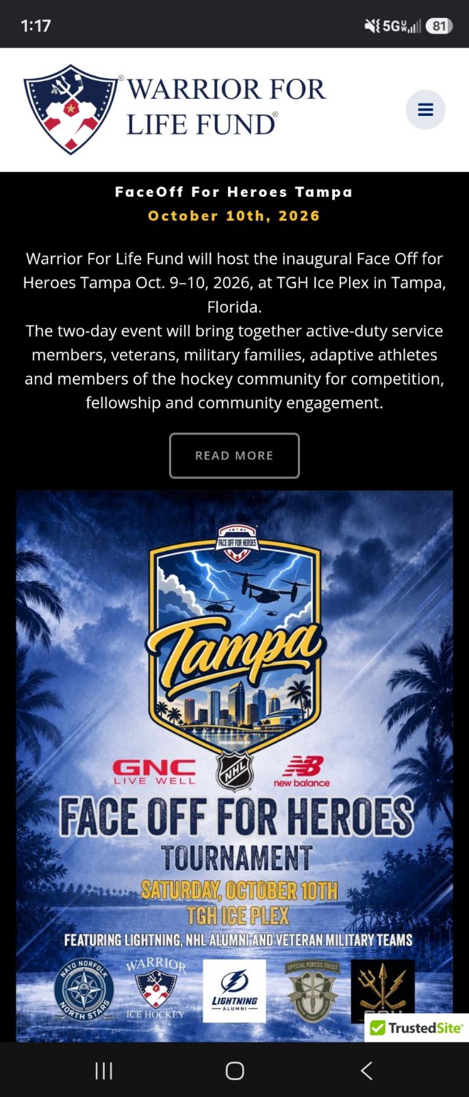 Face Off for Heroes Tampa hockey tournament, October 10, 2026