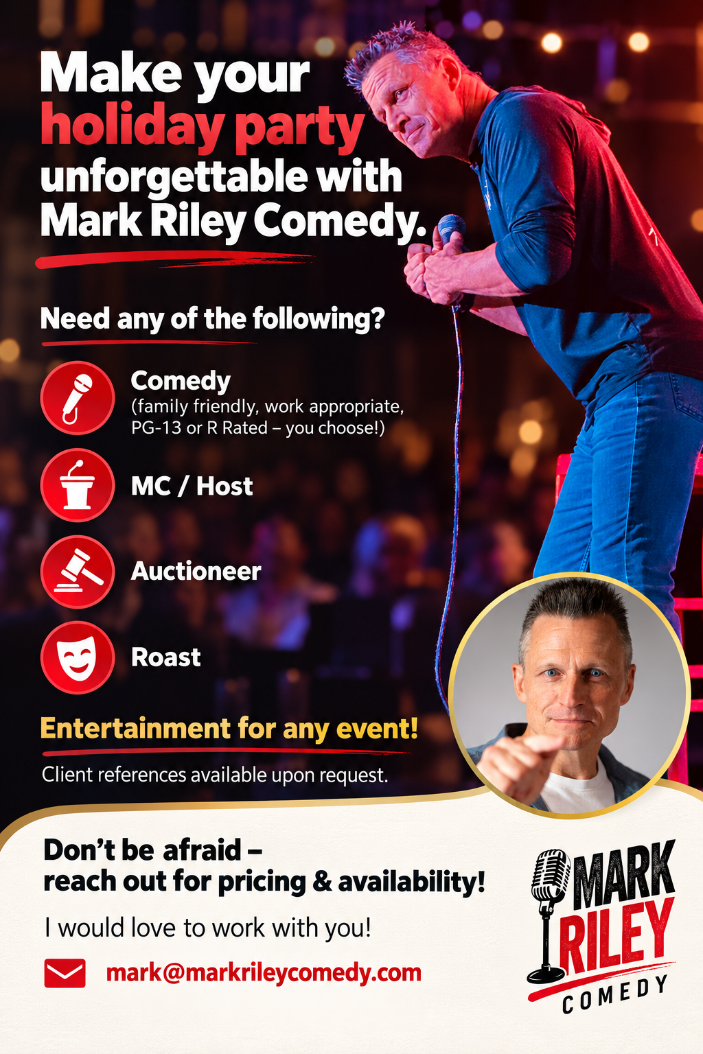 Mark Riley holiday party entertainment: comedy, hosting, auctioneering, and roasts